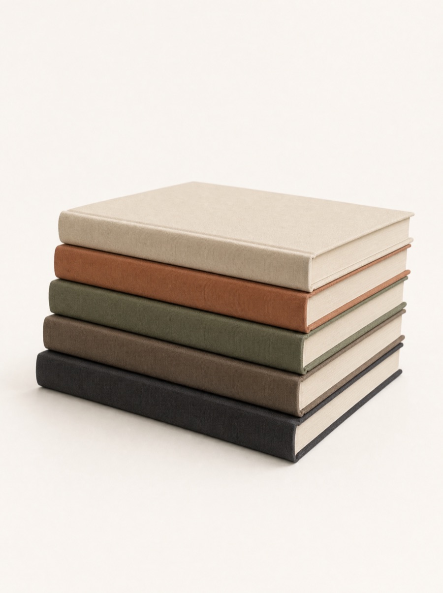 A stack of cloth-bound design books, photographed on a bone-white seamless