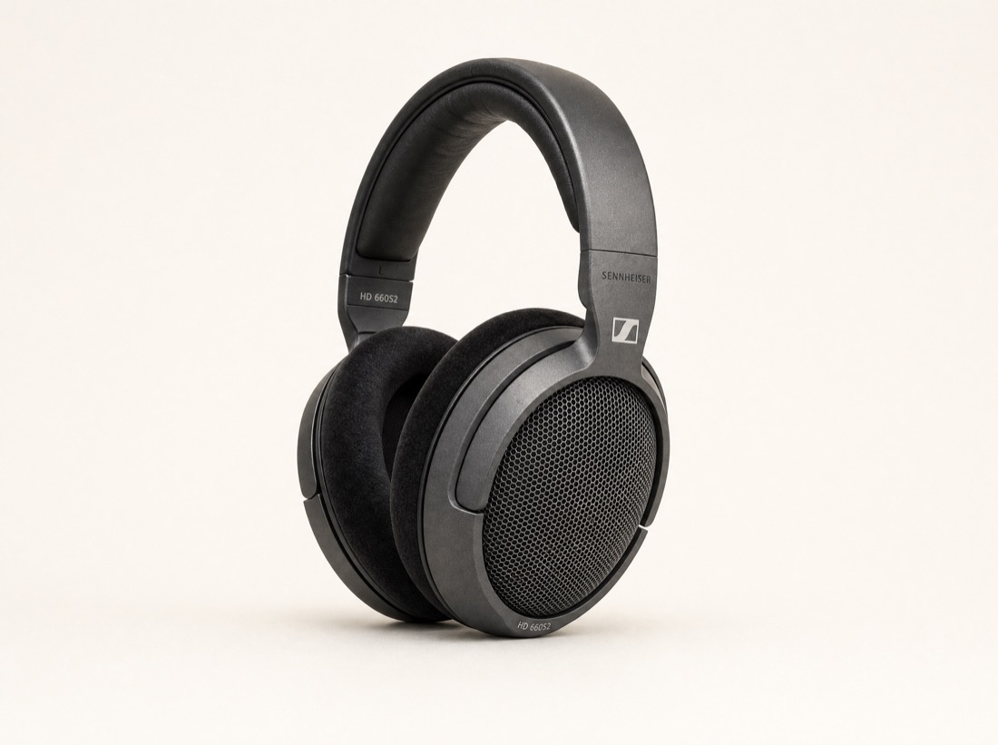 Sennheiser HD 660S2 open-back headphones on a bone-white seamless