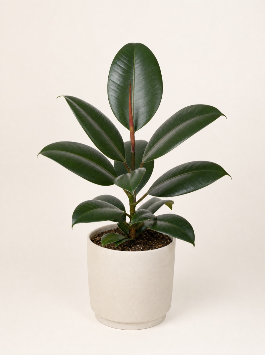 A rubber plant in a matte off-white pot, photographed on a bone-white seamless