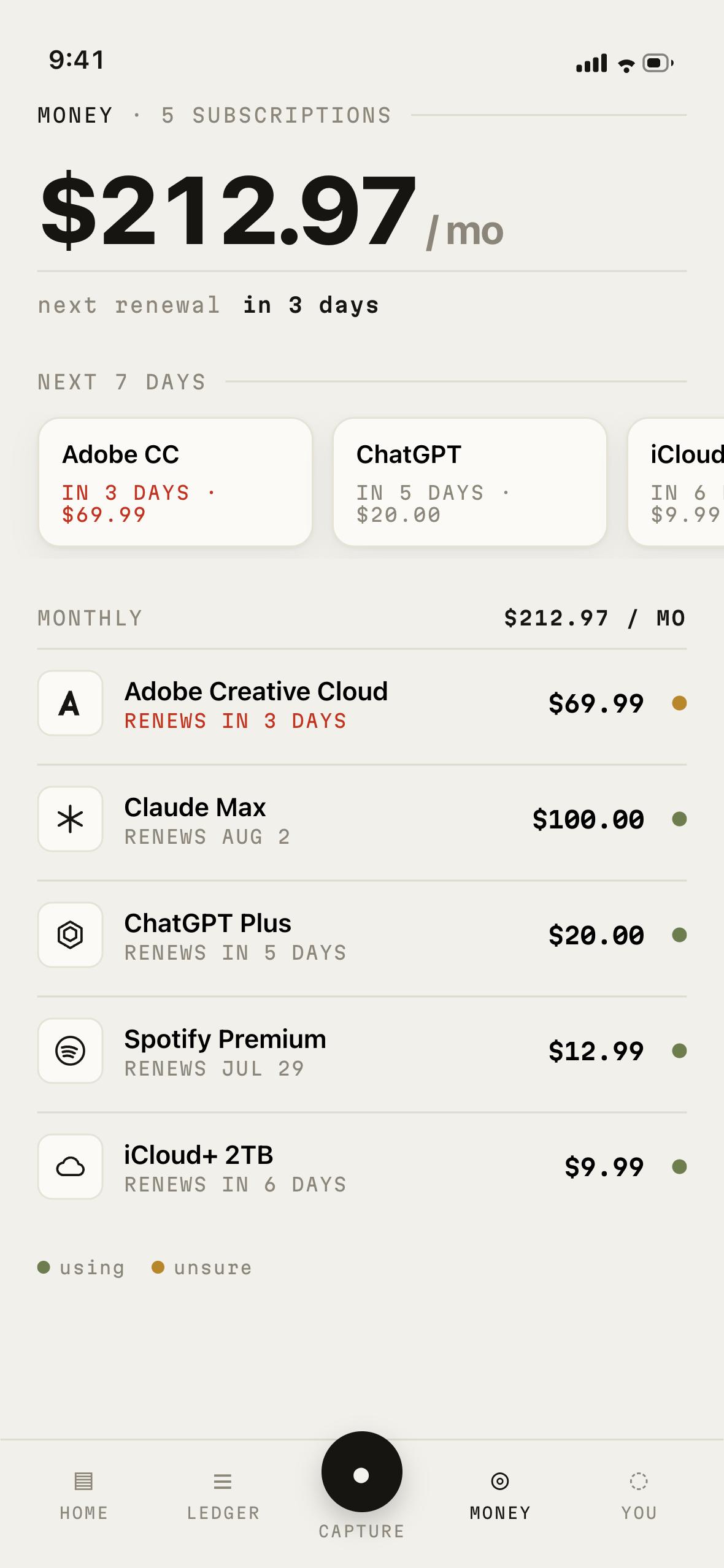 The Declute money tab: five subscriptions — Adobe Creative Cloud, Claude Max, ChatGPT Plus, Spotify Premium and iCloud+ — adding up to $212.97 a month